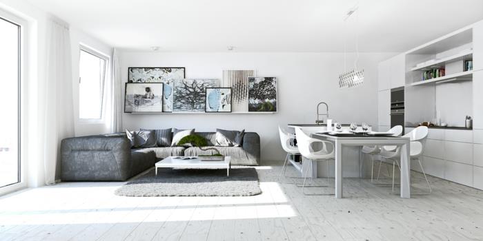 maža erdvė-kampinė-sofa-balta-burės-pilka-kilimas-dažai-įrengta virtuvė