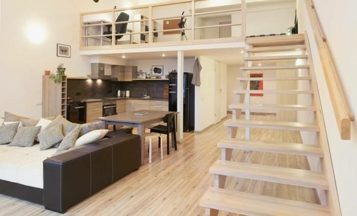 maža erdvė-sofa-dviaukštė lova-moderni-virtuvė-laiptai