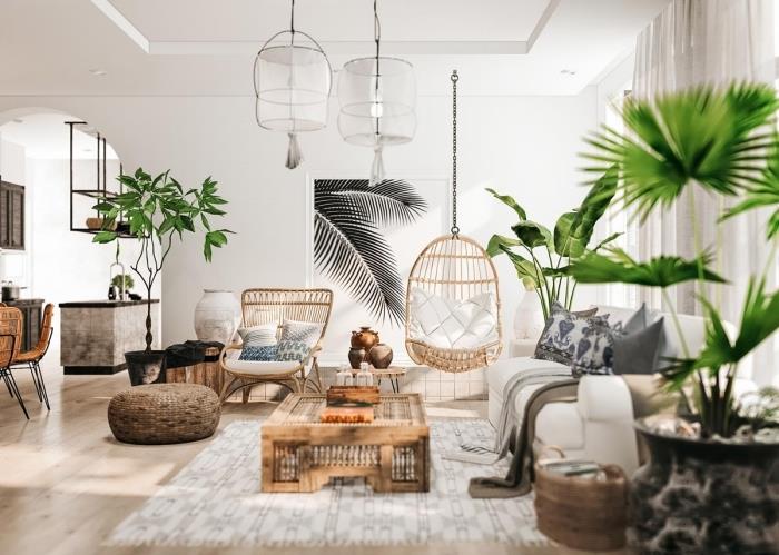 modernus rotango gyvenamojo kambario dizainas žemiškomis spalvomis su vidine palme, kaip papuošti šiuolaikišką boho kambarį