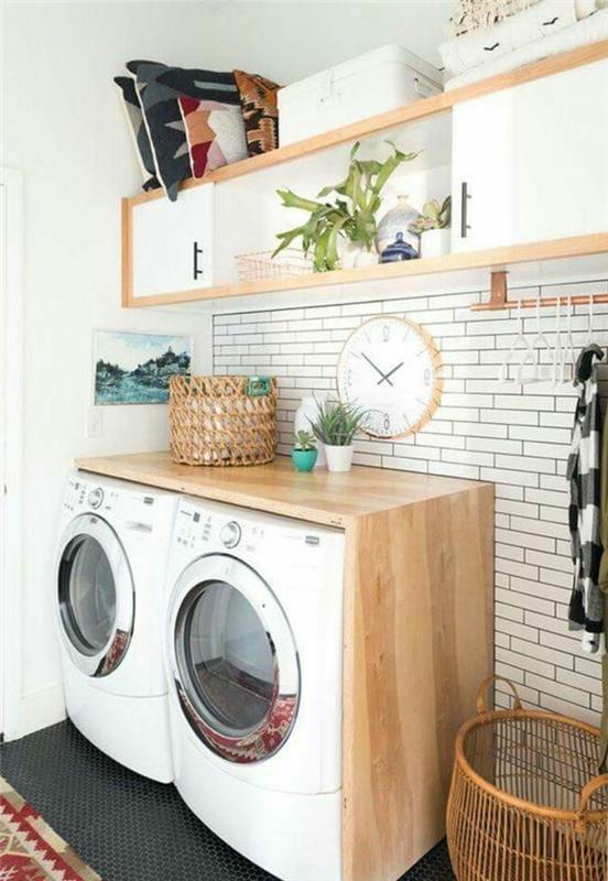 opremite svojo pralnico, pralni stroj in belo steno, visečo shrambo
