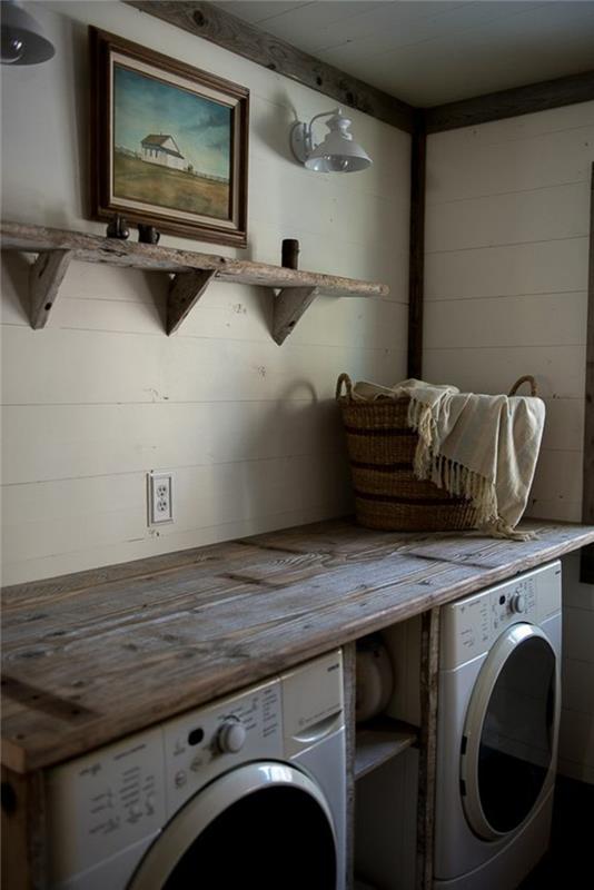 opremite svojo pralnico, pralnico v rustikalnem slogu, polico iz surovega lesa