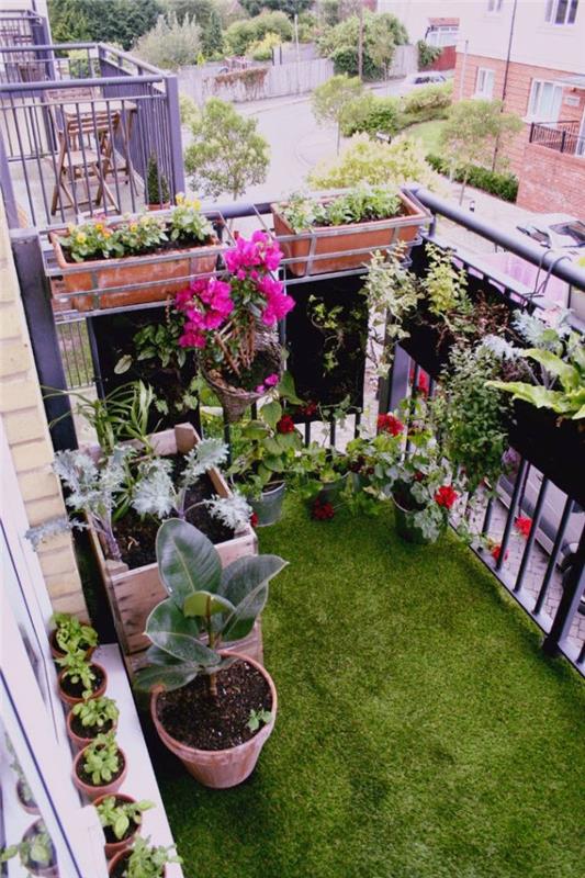 razviti majhen vrt velikosti 10 m2 na balkonu z lončnicami in sadilniki ter teraso, prekrito s sintetično travo
