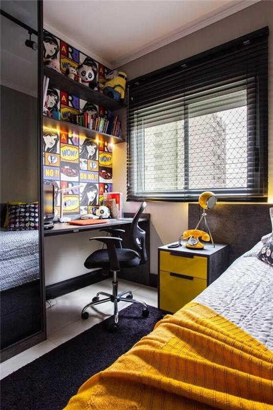 otroška soba v črno -rumeni barvi, vrtljiv stol, antracitna stena, rumeni telefon, črna viseča miza
