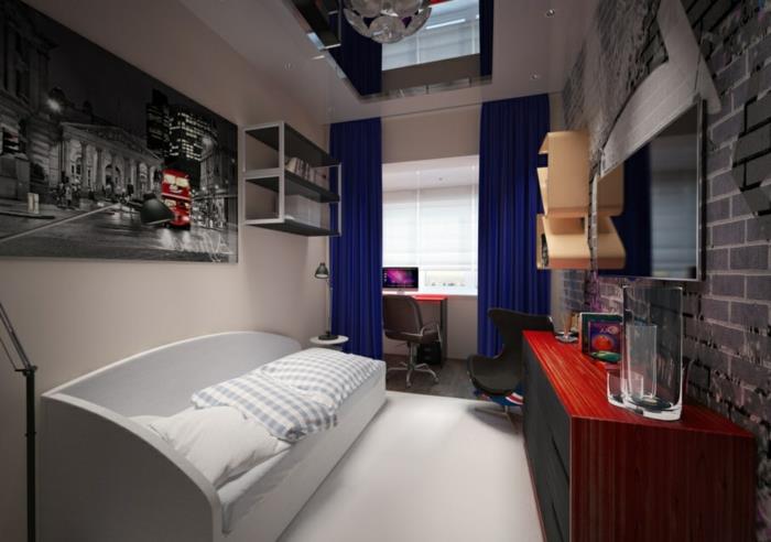paauglio berniuko kambarys, sieninis plakatas su vaizdu į miestą, balta lova, biuro zona už mėlynos užuolaidos