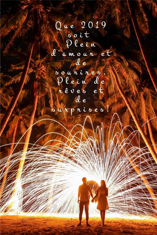 fotografija praznovanja novega leta na prostem z ognjemeti, slikovni par na plaži in želje za novo leto
