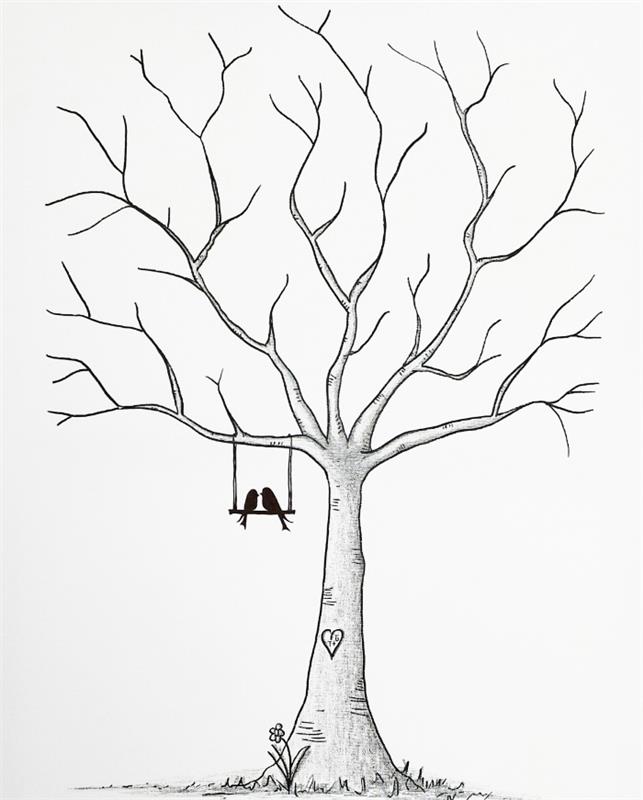 vzorec z drevescem prstnih odtisov za tiskanje za poročno dekoracijo, risanje drevesa brez listov z majhnimi gugalnicami in par zaljubljenih ptic