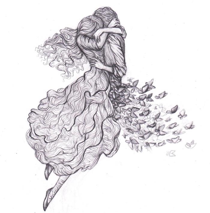 orijinal çift siyah beyaz çizim, kadın ve erkek kucaklaşması, elbiseli kadın, gömlekli adam ve uçan kelebekler çorabı