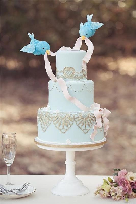 Įsimylėję paukščiai vestuvių torto idėjos, gražiausias mėlynas tortas pasaulyje, vestuvių metinių tortas su mėlynais paukščiais