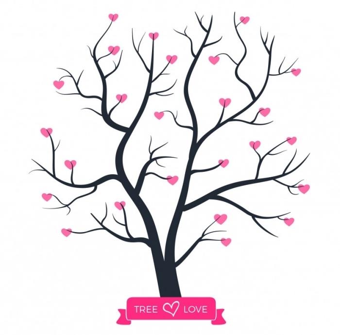 risanje enostavno narediti s praznim drevesom in majhnimi rožnatimi srčki na vejah, pravi znak ljubezni na ljubezenski risbi