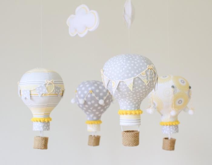 ideja enostavne ročne dejavnosti za okrasitev otroške sobe, vzmetenje z lastnimi rokami s plinskimi baloni iz žarnic in tkanine