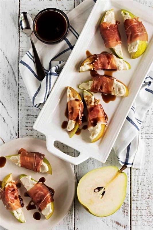predjed brez hranjenja hrušk s kremnim sirom in pršutom, hitra ideja brez aperitiva brez kuhanja