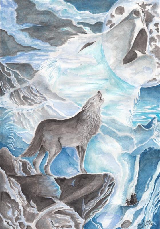 zavijajoči volk na skali na robu pečine s polarno volčjo glavo na mesečevem ozadju