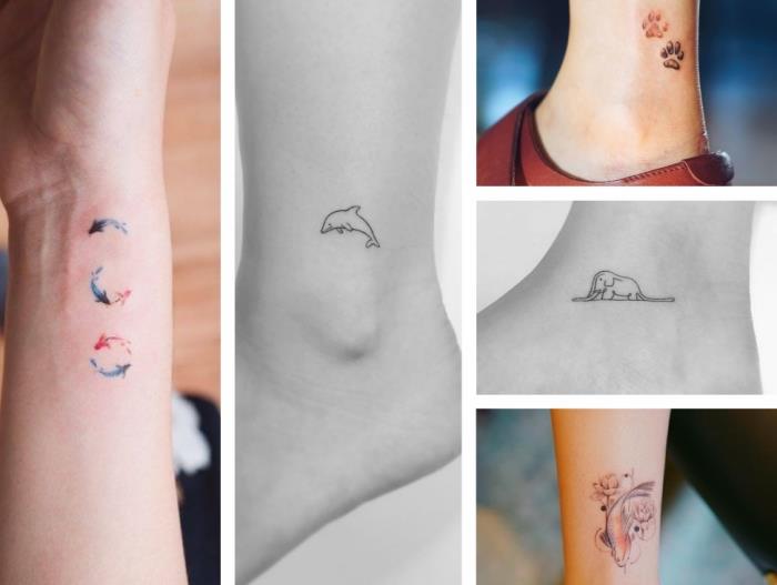 umestitev tetovaže, tetovaže živali, foto kolaž, na gležnjih in zapestju