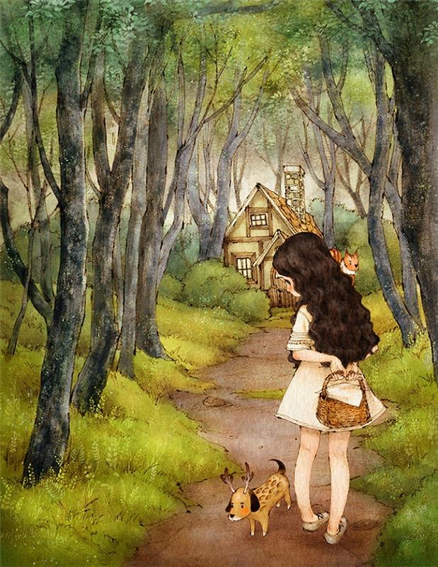 dekle, ki hodi po poti, ki vodi do hiše, kako narisati dekle, obkroženo z drevesi in grmovjem