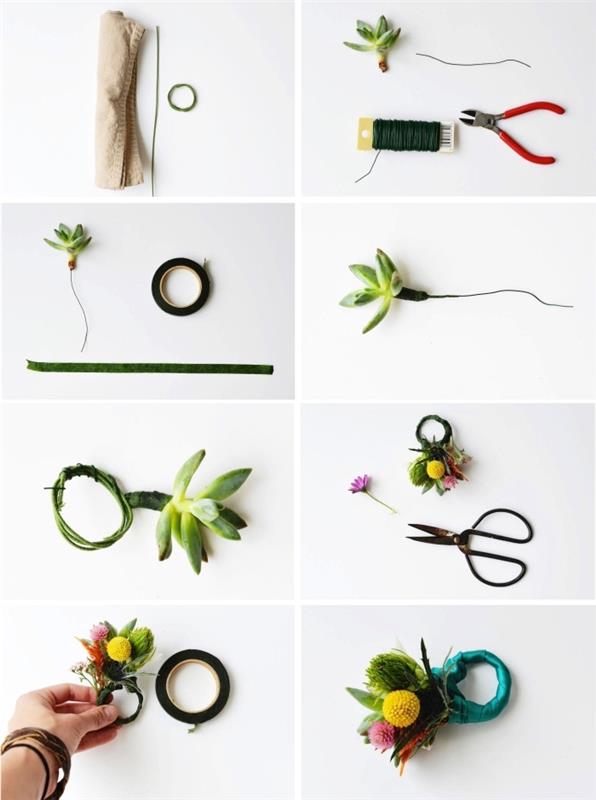servetėlių žiedas su gėlių siūlais, sukulentais ir gėlėmis, graži ir kūrybinga stalo puošmena