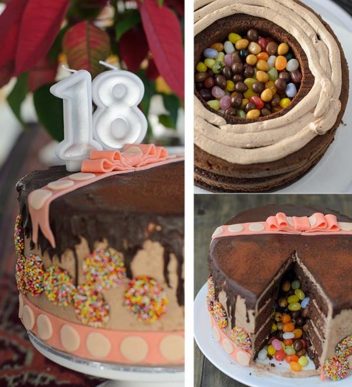 čokoladna torta pinata ob 18. rojstnem dnevu, napolnjena z gumijastimi bonboni, s čokoladno glazuro, okrašeno s trakom iz sladkorne paste