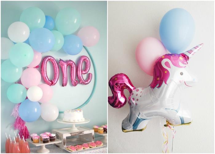tema samoroga deco v pastelnih tonih venec balonov pritrjen na okvir obroča in velikanski aluminijasti balon v obliki samoroga