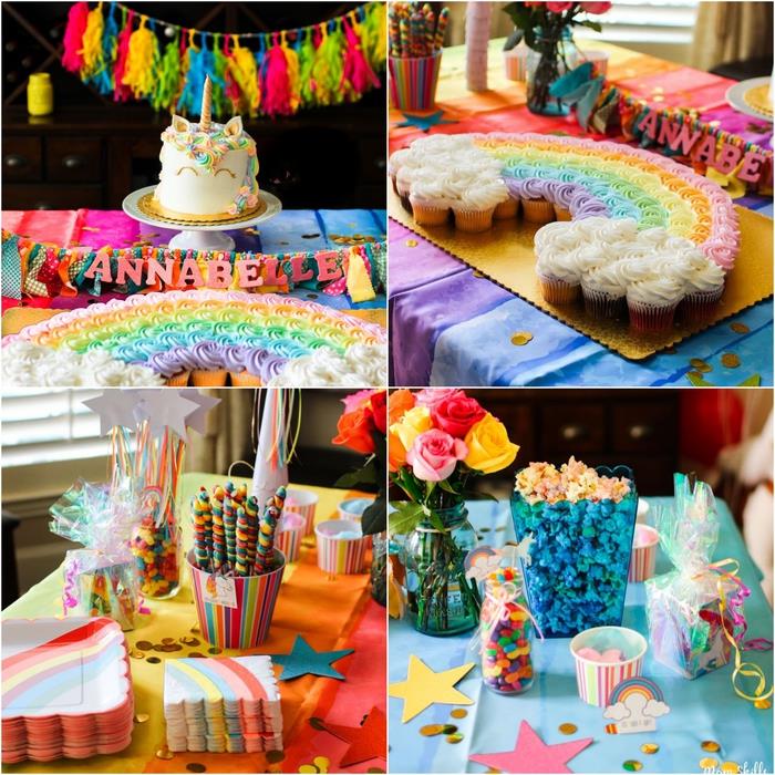 miza za rojstni dan in samopostrežna dekoracija v svetlih barvah