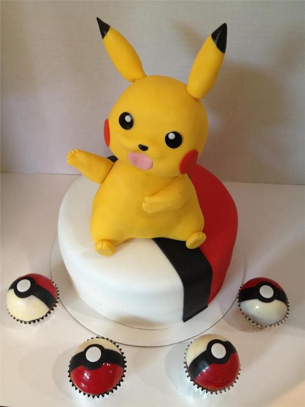 dekoracija torte iz pokemonov, srčkan pikachu, pokeball kolački, rdeči marcipan, 3d figurica pikachu