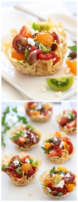 hiter vegetarijanski recept s parmezanovimi piškoti na vrhu s paradižnikovo solato v slogu caprese, postrežen na eleganten način