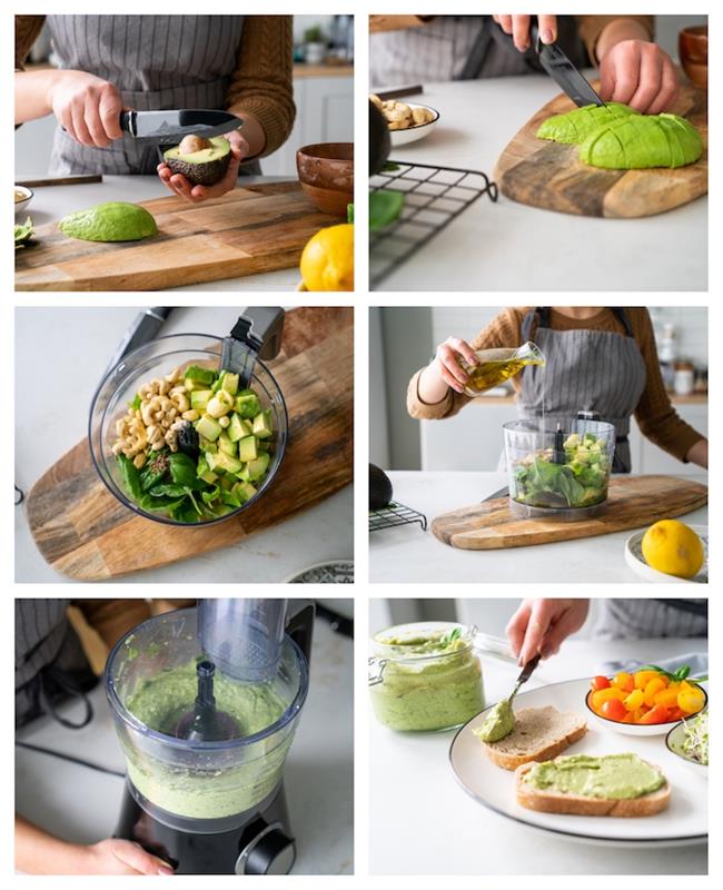 enostaven recept za aperitiv brez kuhanja, zeleni pesto z baziliko in avokadom, preprost recept za toast z aperitivom