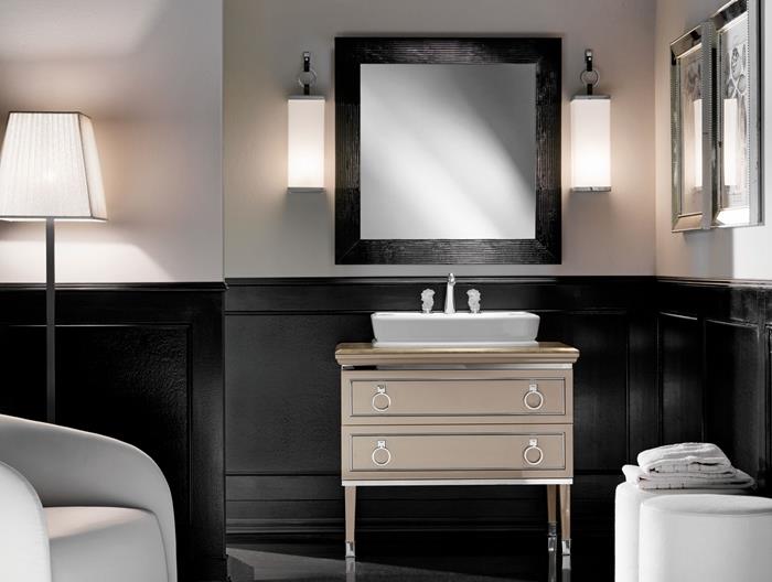 matinis baltas sieninis šviestuvas juodo rėmo veidrodis šiuolaikinio vonios kambario dekoro idėjos, buvusios juodos ir baltos sienos sienos
