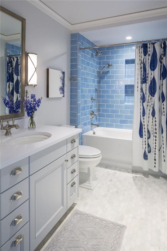 zamislite, kakšne barve za majhno sobo, model kopalnice s kadjo v beli barvi s pastelno modrimi ploščicami