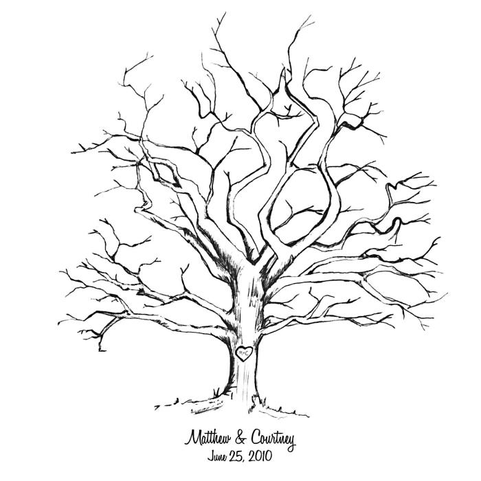 drevo ima natis, da ima za spomin na svojo poroko, belo -črno risbo z deviškim drevesom brez listov