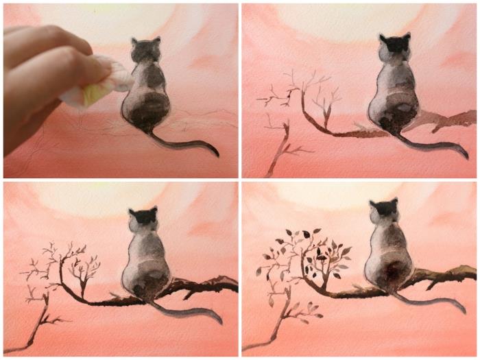 lepa akvarelna slika črne mačke na veji, opazovanje sončnega zahoda, vadba slikanja za spoznavanje osnov akvarela