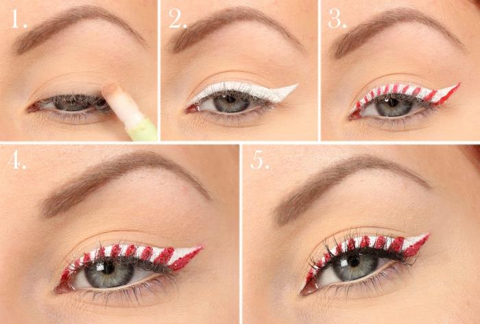 enostaven korak za korakom za ličenje z dvobarvnim eyelinerjem za božič, ideja za ličenje zelenih oči z eyelinerjem za sladkarije