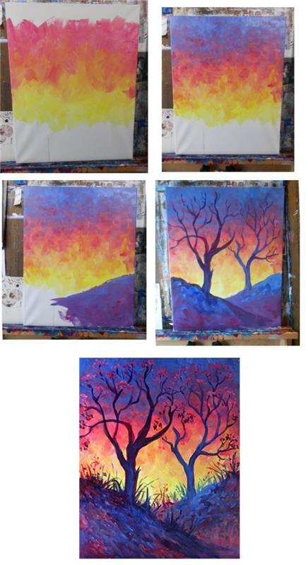 naravna akvarelna pokrajina, ki prikazuje drevo in čudovito sončno nebo