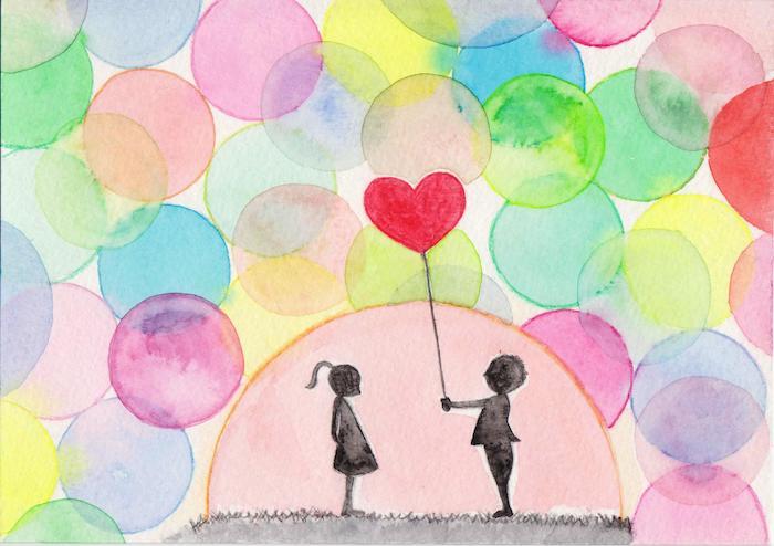 renkli güneş ve hava kabarcıkları arka plan, siyah erkek ve kız silueti ve kalp şeklinde bir balon, kolay sevgili çizimi