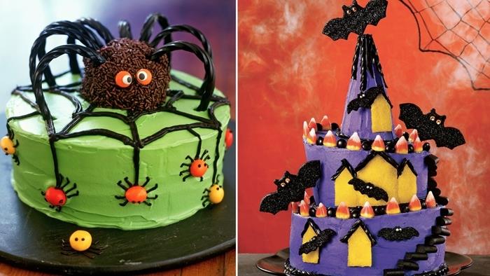 çikolatalı örümcek sprinkles şeker çubukları örümcek ağı siyah buzlanma halloween pastası örümcek yeşil ganaj