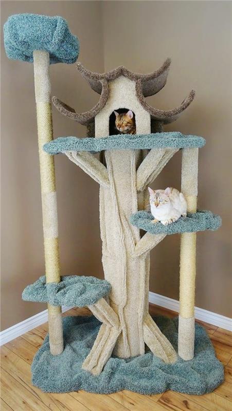 mavi-beyaz-kedi-ağacı-Japon-kale-tarzı-kedi-evi