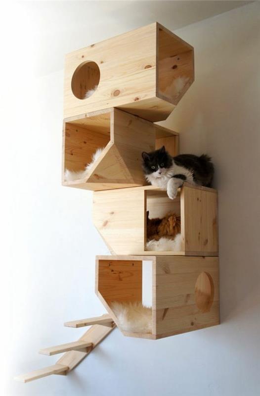 kedi-ağacı-dört-kulübe-merdivenli-kedi-evleri