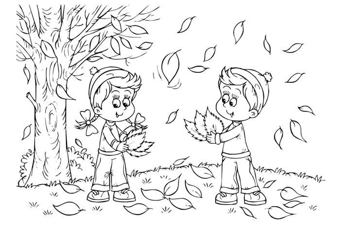 rudens medis piešimas vaikas dažymas peizažas gamta rudens lapai medis mergaitė ir berniukas renka krintančius lapus vėjo žolė