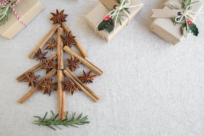 kar çubuklarından yapılmış yılbaşı ağacı el sanatları yılbaşı yıldız anason hediye ambalajı geri dönüştürülmüş kağıt etiket