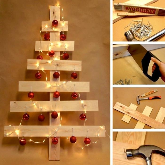 Kırmızı Noel topları, çiviler, çekiç, testere ve palet tahtalarından oluşan bir çelenkle süslenmiş Noel ağacı