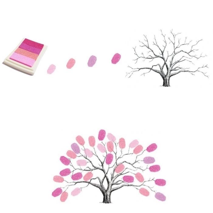 material za beležke z blazinicami črnila roza in oranžnih odtenkov, ki pustijo svoje odtise na listju drevesa, narisanega v beli in črni barvi