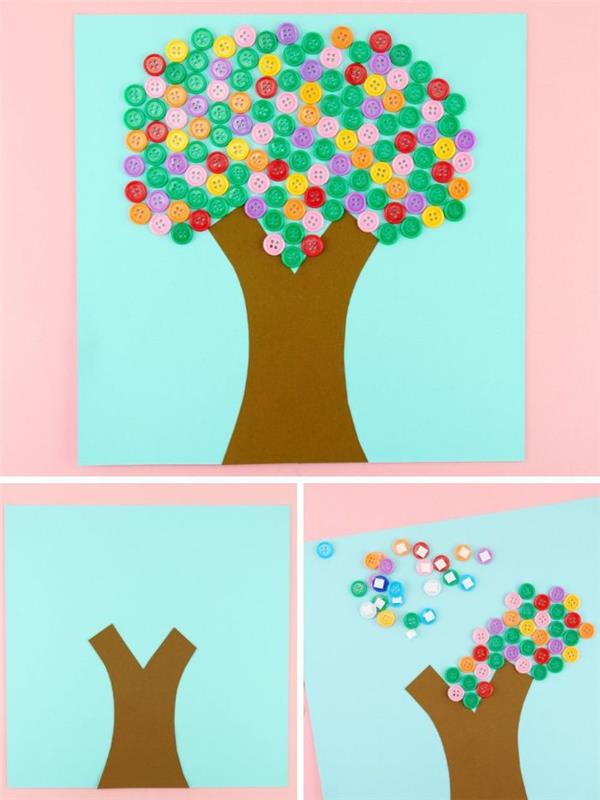 renkli düğmeler ve kağıttan nasıl ağaç yapılacağına dair fikir, bahar anaokulu manuel etkinliği