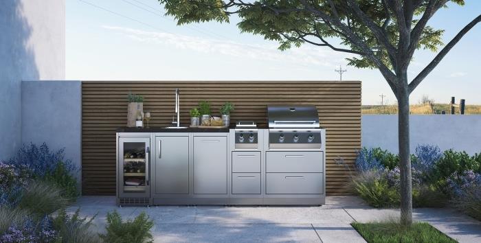 modernus sodo virtuvės dizainas su nerūdijančio plieno moduliais ir granito stalviršiu, lauko kriauklės modelis
