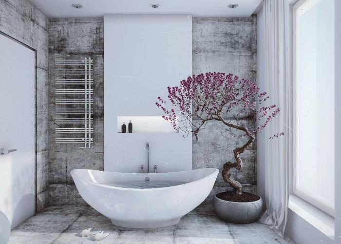 baltos japoniškos vonios modelis, kokios spalvos tinka azijietiško stiliaus vonios kambariui, vonios augalai