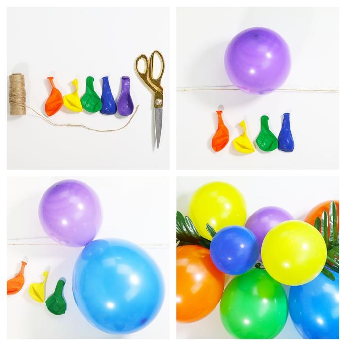 kaip padaryti paprastą baliono arką, atogrąžų lapus ir įvairiaspalvius balionus, įvairiaspalvių balionų eilutę
