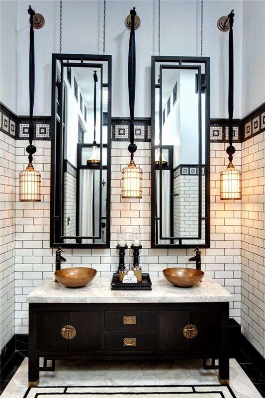 art deco mimari iç tasarım beyaz ve siyah banyo düzeni mermer tezgah koyu kahverengi dolaplar