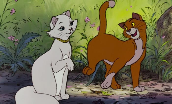 aristocats çizimi, thomas o'malley ve düşes, anime kız çizimi, arka planda çalılar ve çiçekler