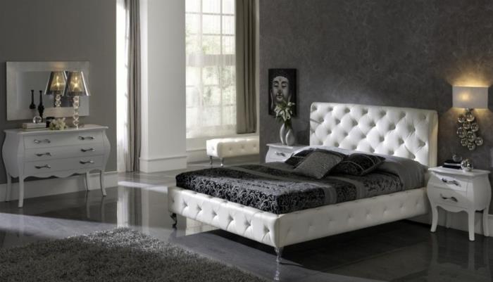 gri duvarlı ve beyaz mobilyalı lake zeminli bir kadın yatak odasında rahatlatıcı ve zen atmosferi