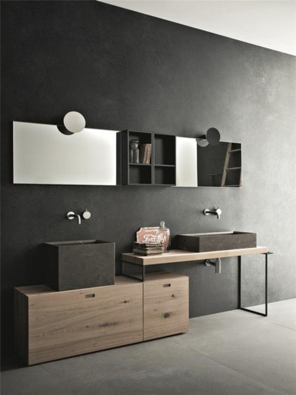 ikea-medinis-vonios kambarys-spintelė-juodos sienos-modernus-vonios kambarys