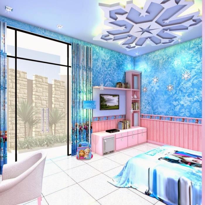 kar kraliçesi yatak odası, mavi duvarlı ve beyaz tavanlı çocuk odası boyası, beyaz yer karoları