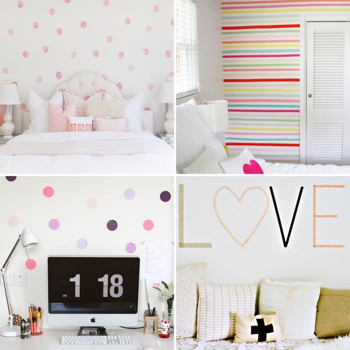 Renkli washi bant, beyaz düğmeli yatak başlığı ve pastel tonlu dekoratif yastıklarla süslenmiş beyaz duvarlara sahip kendin yap yatak odası dekoru