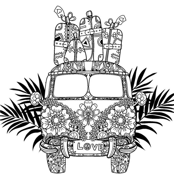 yetişkin antistres sanat boyama mandala çizim tatil seyahat araç model unax hippi macera göçebe hayat bavullar